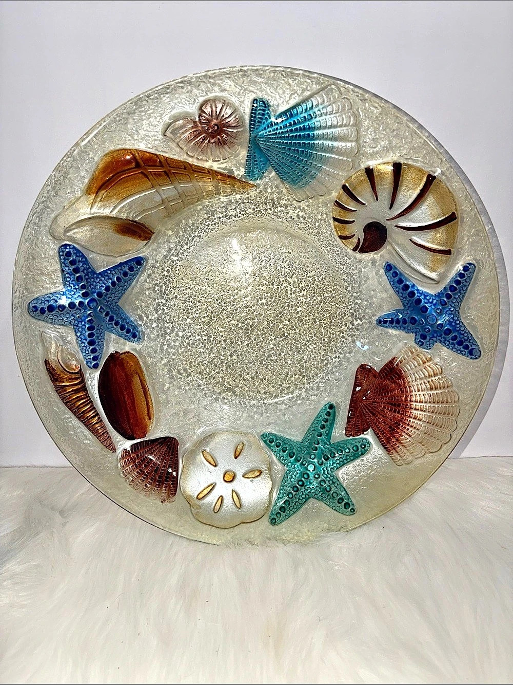 Clear & Blue Glass Sea Shell Decor Dish